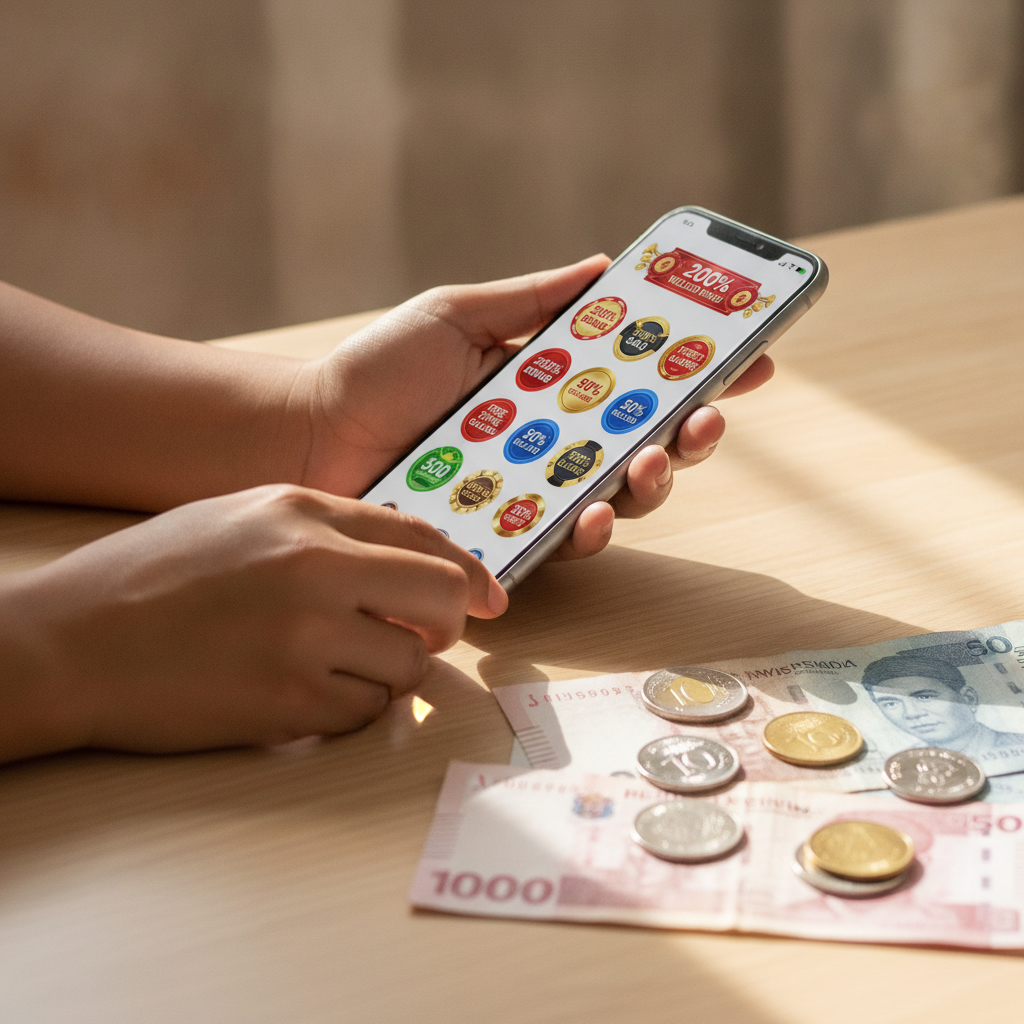 Person comparing online casino bonus offers on mobile phone with Philippine pesos
